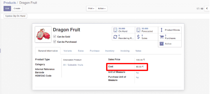 Inventory valuation and product categorization in odoo