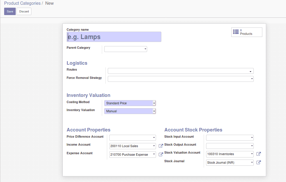 Inventory valuation and product categorization in odoo