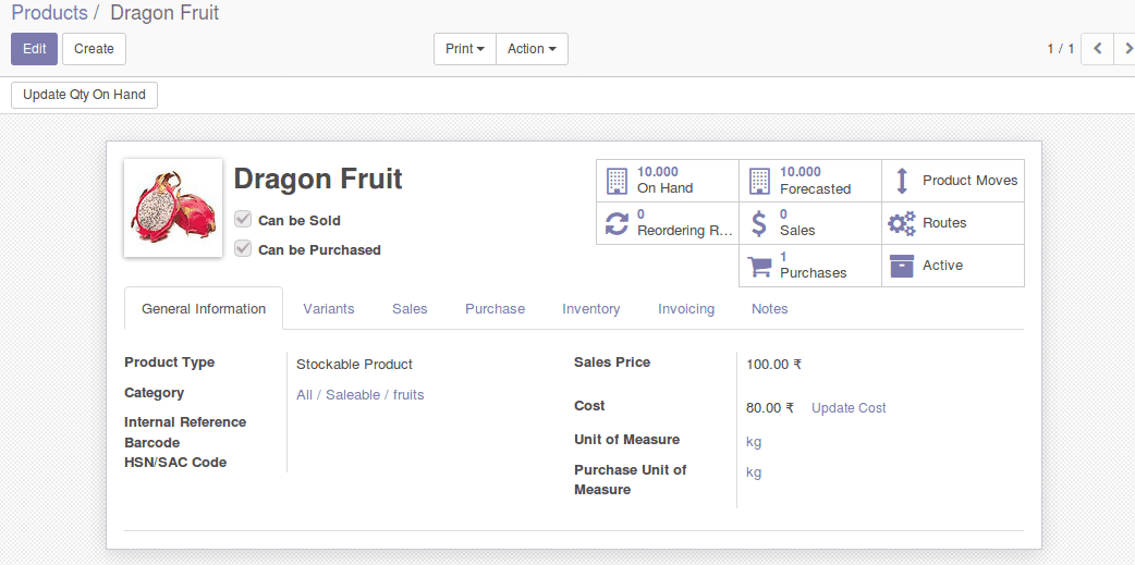 Inventory valuation and product categorization in odoo