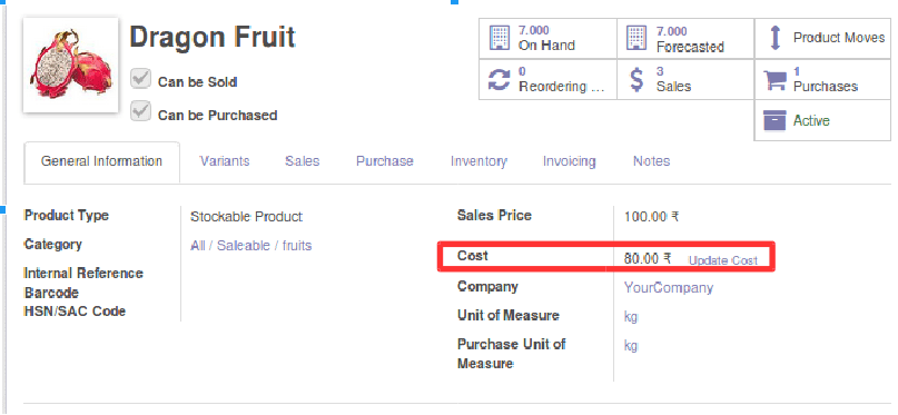 Inventory valuation and product categorization in odoo