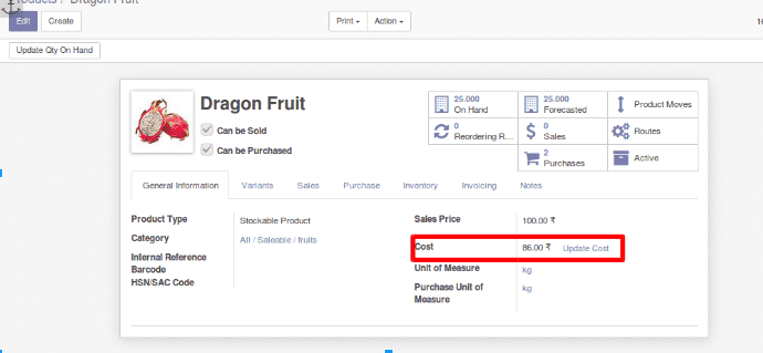 Inventory valuation and product categorization in odoo