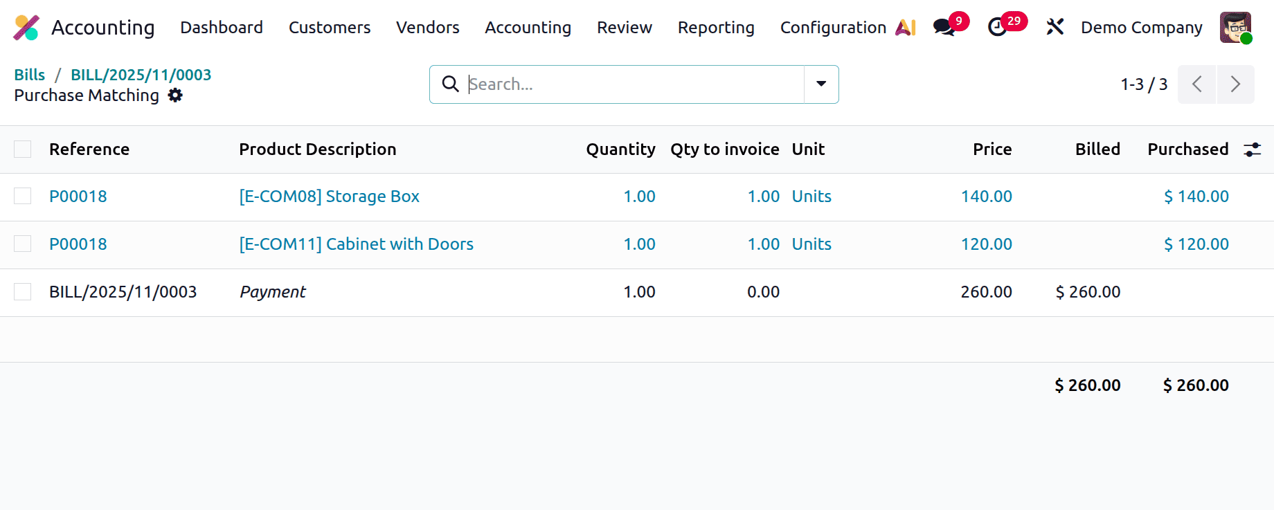 A Step-by-Step Guide to Matching Bills, Purchase Orders, and Down Payments in Odoo 19-cybrosys