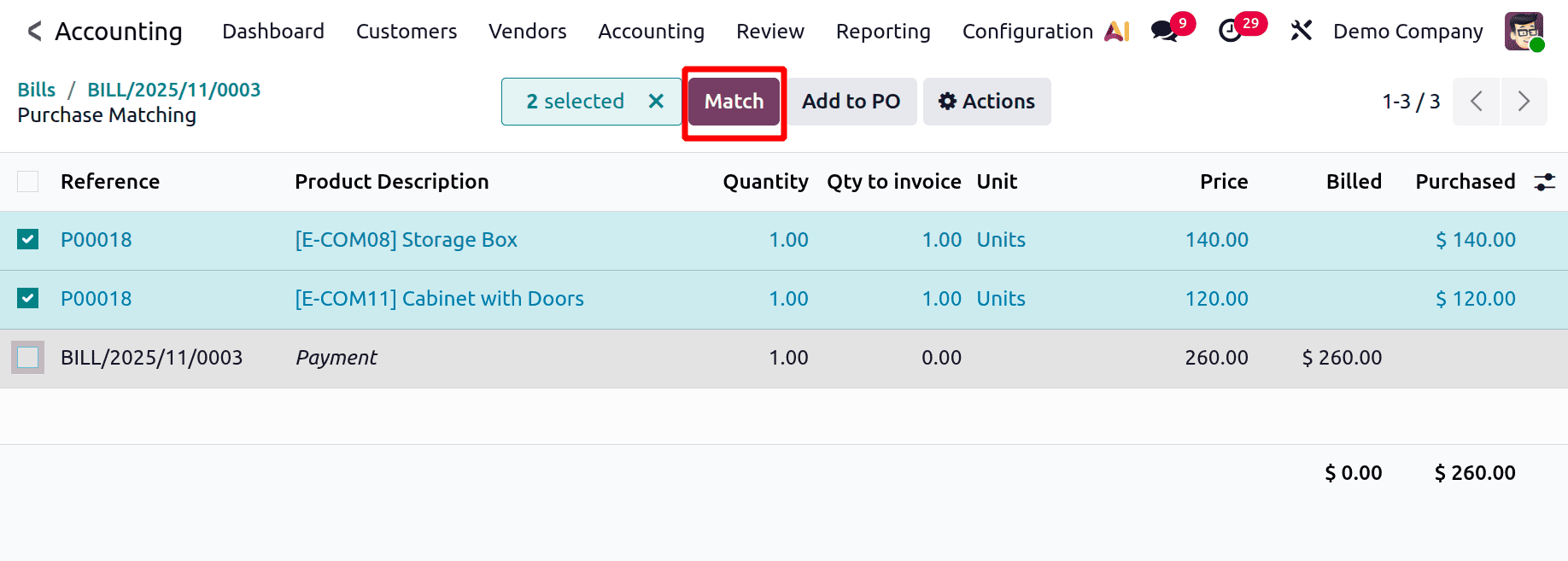 A Step-by-Step Guide to Matching Bills, Purchase Orders, and Down Payments in Odoo 19-cybrosys