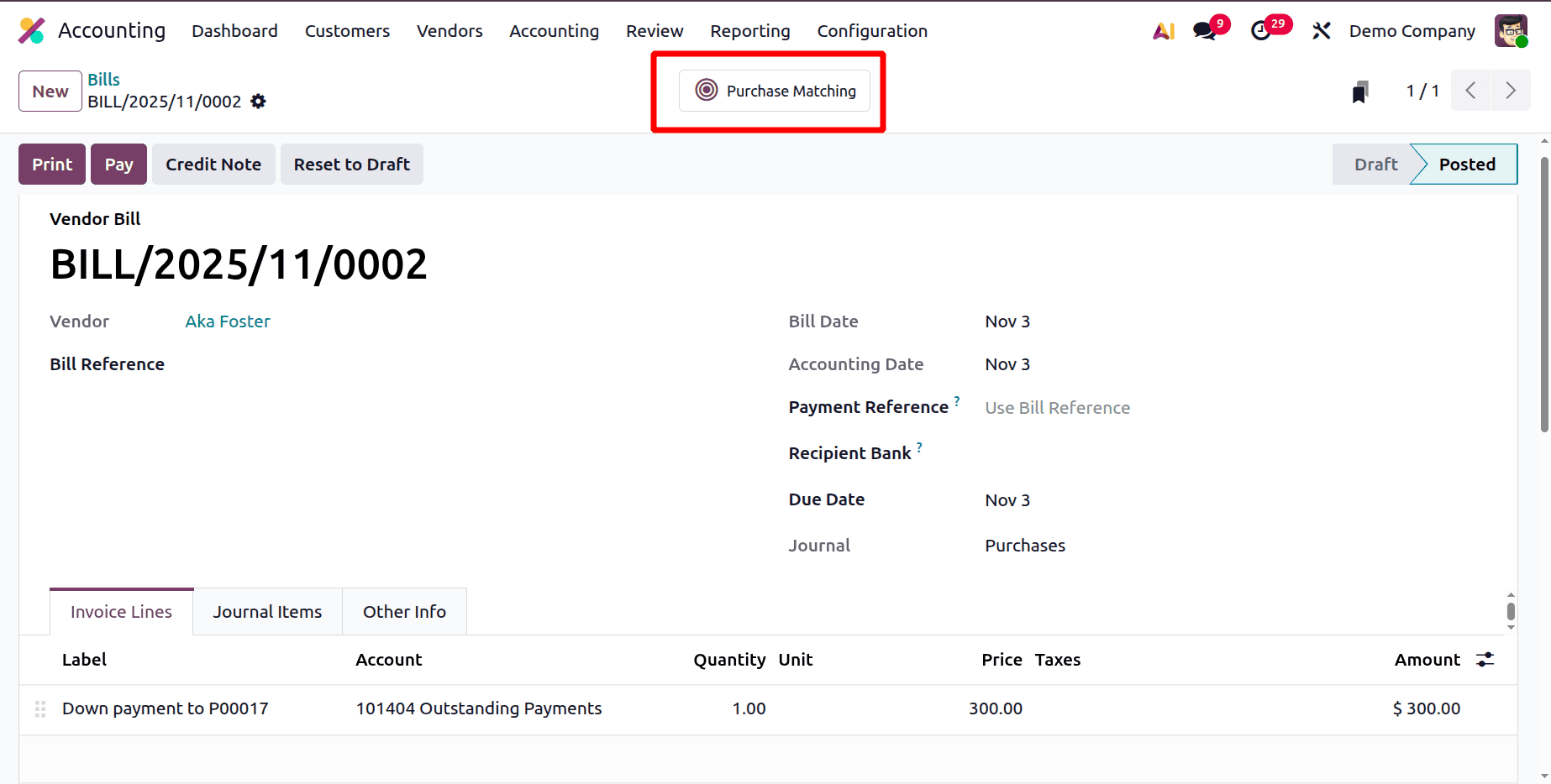 A Step-by-Step Guide to Matching Bills, Purchase Orders, and Down Payments in Odoo 19-cybrosys