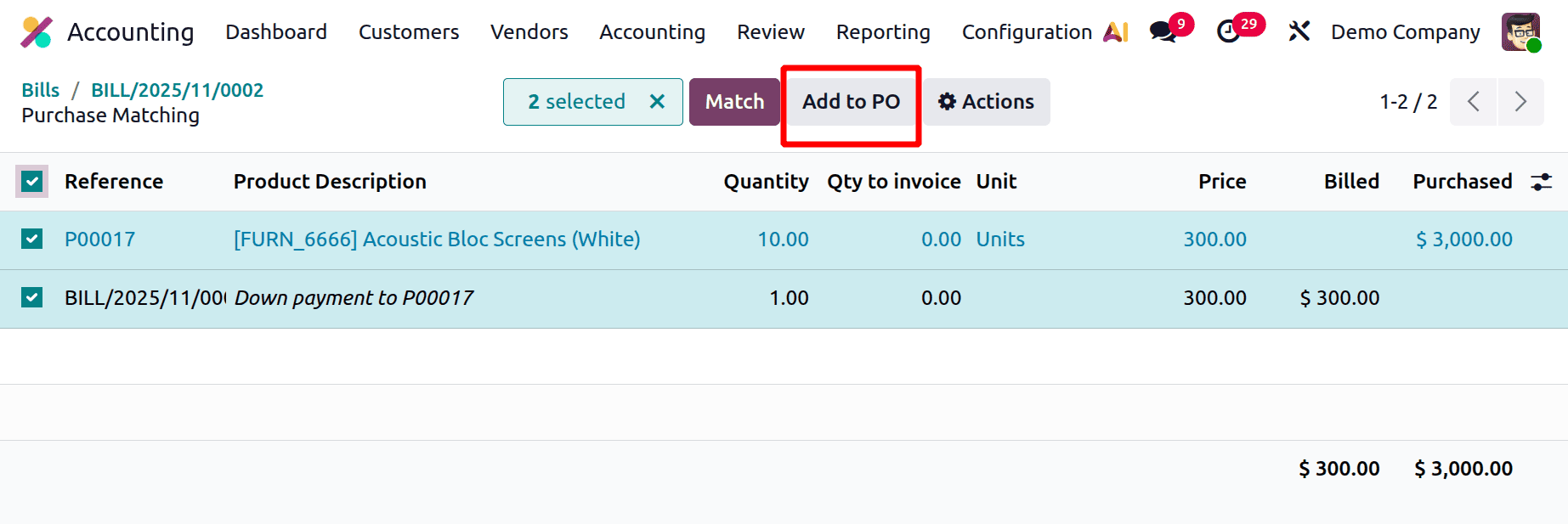 A Step-by-Step Guide to Matching Bills, Purchase Orders, and Down Payments in Odoo 19-cybrosys