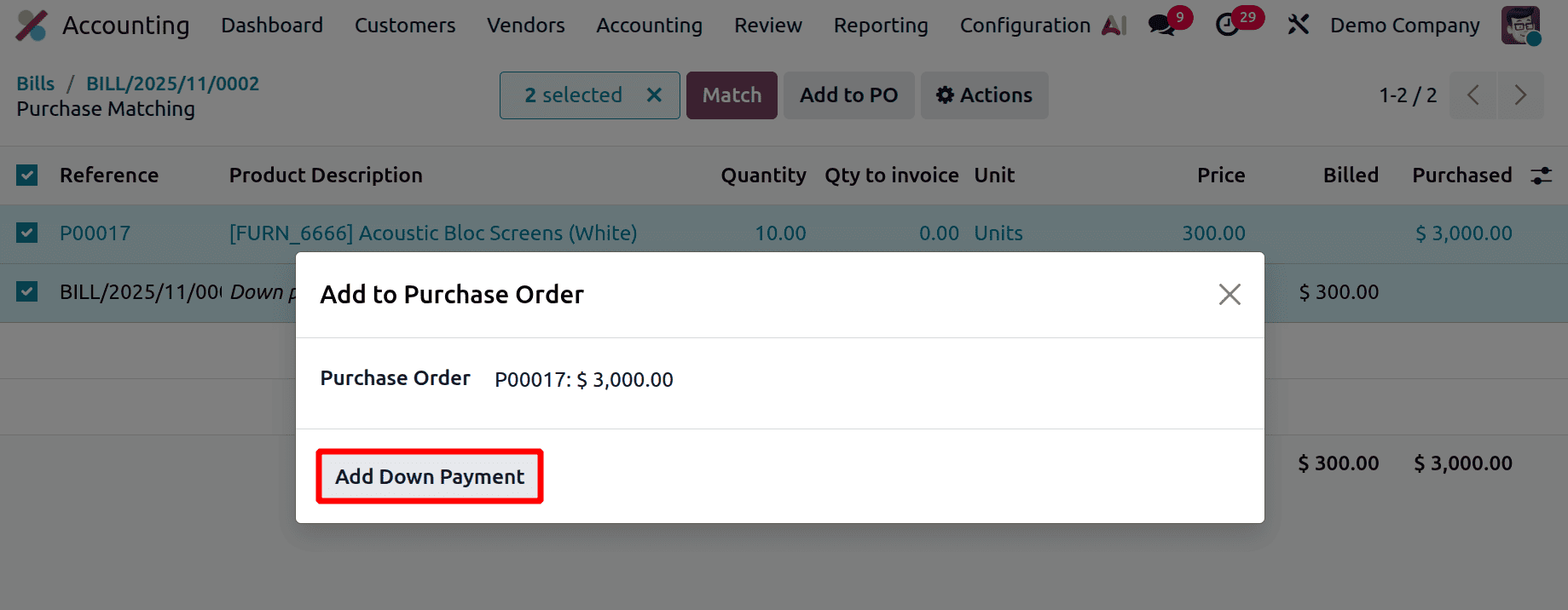 A Step-by-Step Guide to Matching Bills, Purchase Orders, and Down Payments in Odoo 19-cybrosys