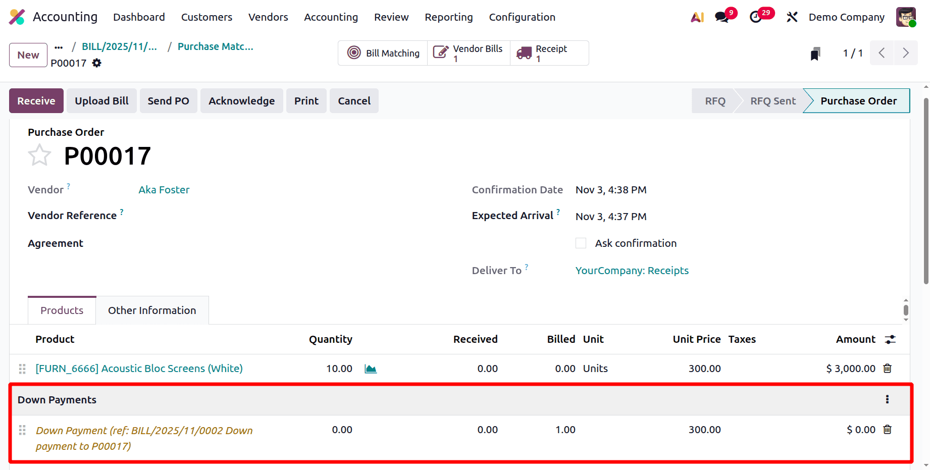 A Step-by-Step Guide to Matching Bills, Purchase Orders, and Down Payments in Odoo 19-cybrosys