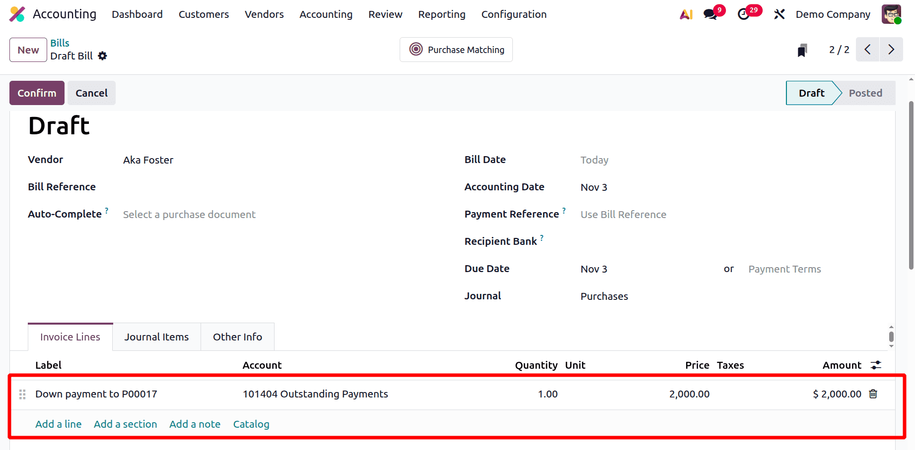A Step-by-Step Guide to Matching Bills, Purchase Orders, and Down Payments in Odoo 19-cybrosys