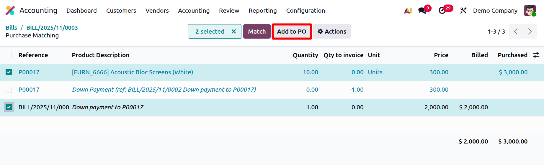 A Step-by-Step Guide to Matching Bills, Purchase Orders, and Down Payments in Odoo 19-cybrosys
