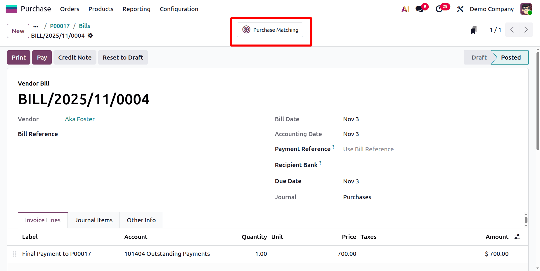 A Step-by-Step Guide to Matching Bills, Purchase Orders, and Down Payments in Odoo 19-cybrosys