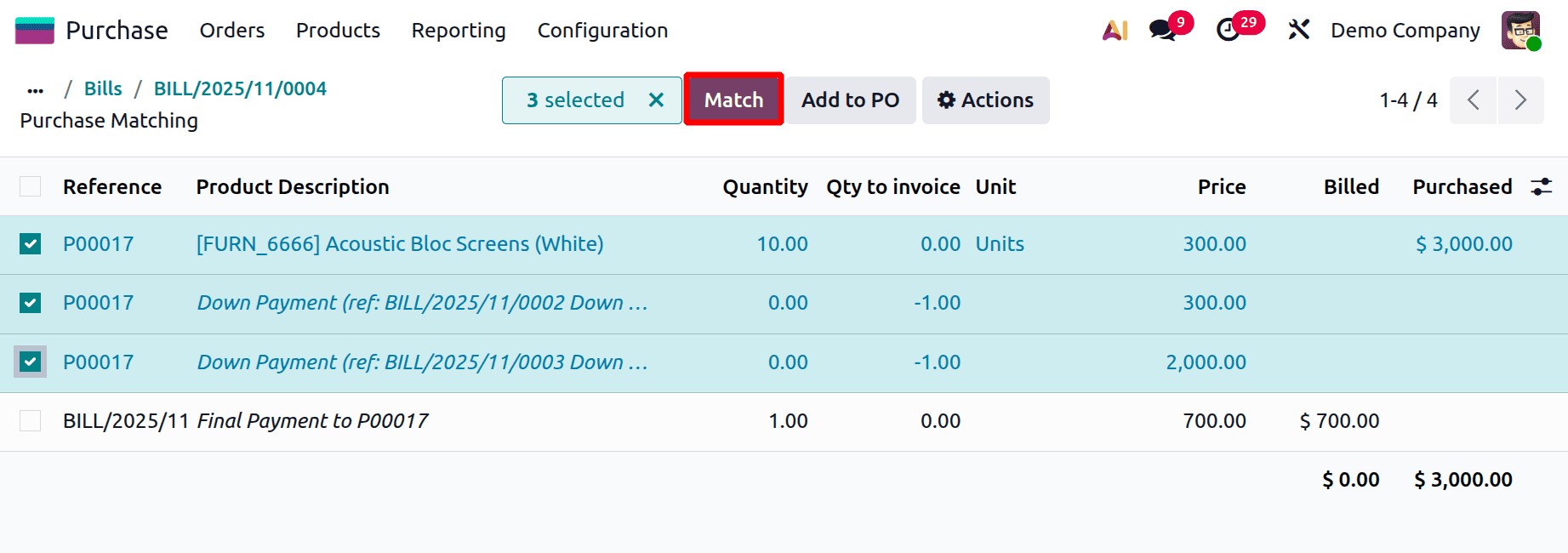 A Step-by-Step Guide to Matching Bills, Purchase Orders, and Down Payments in Odoo 19-cybrosys