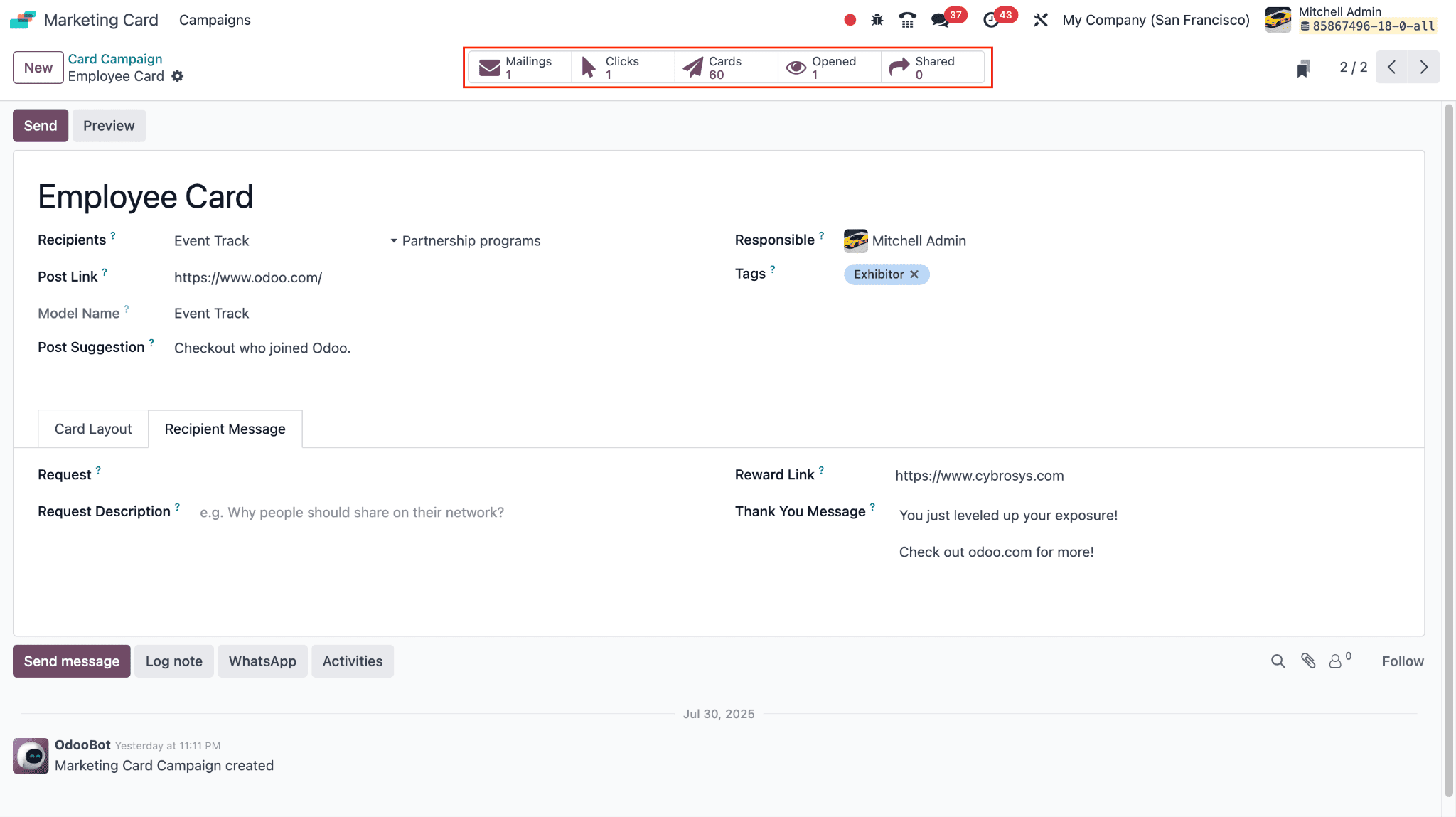 An overview of Odoo 18 Marketing Card Module-cybrosys
