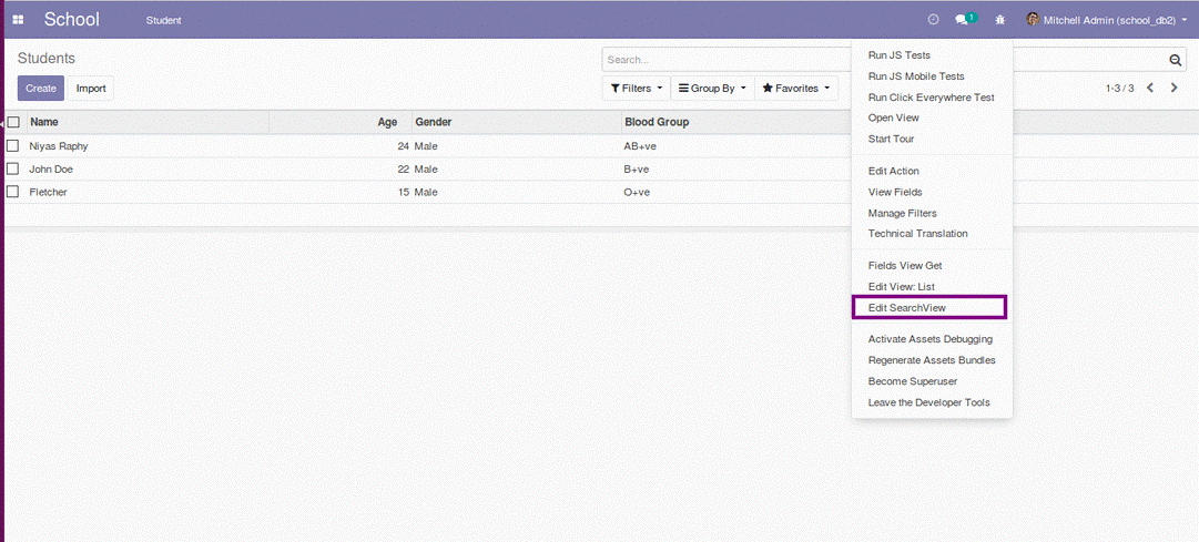 building module in odoo v12 defining search view and filters