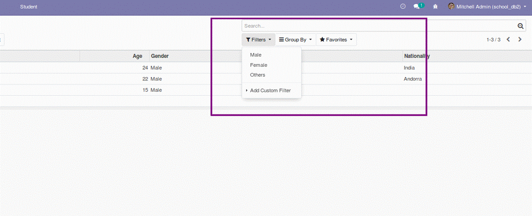 building module in odoo v12 defining search view and filters