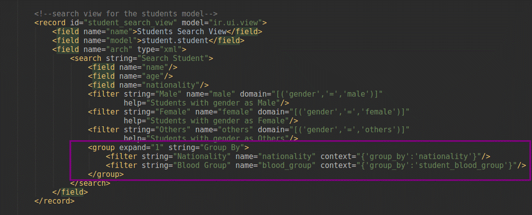 building module in odoo v12 defining search view and filters