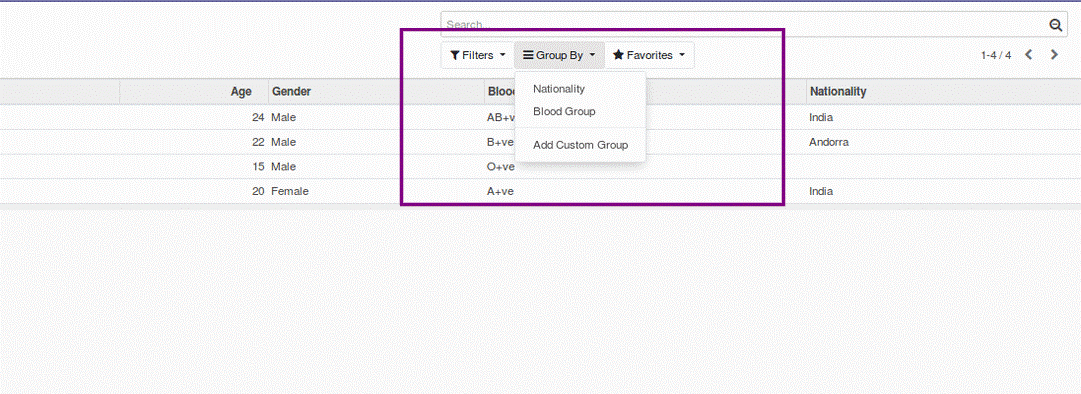 building module in odoo v12 defining search view and filters