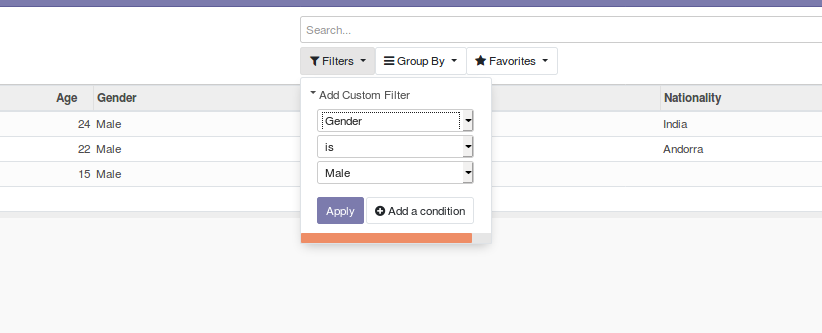 building module in odoo v12 defining search view and filters