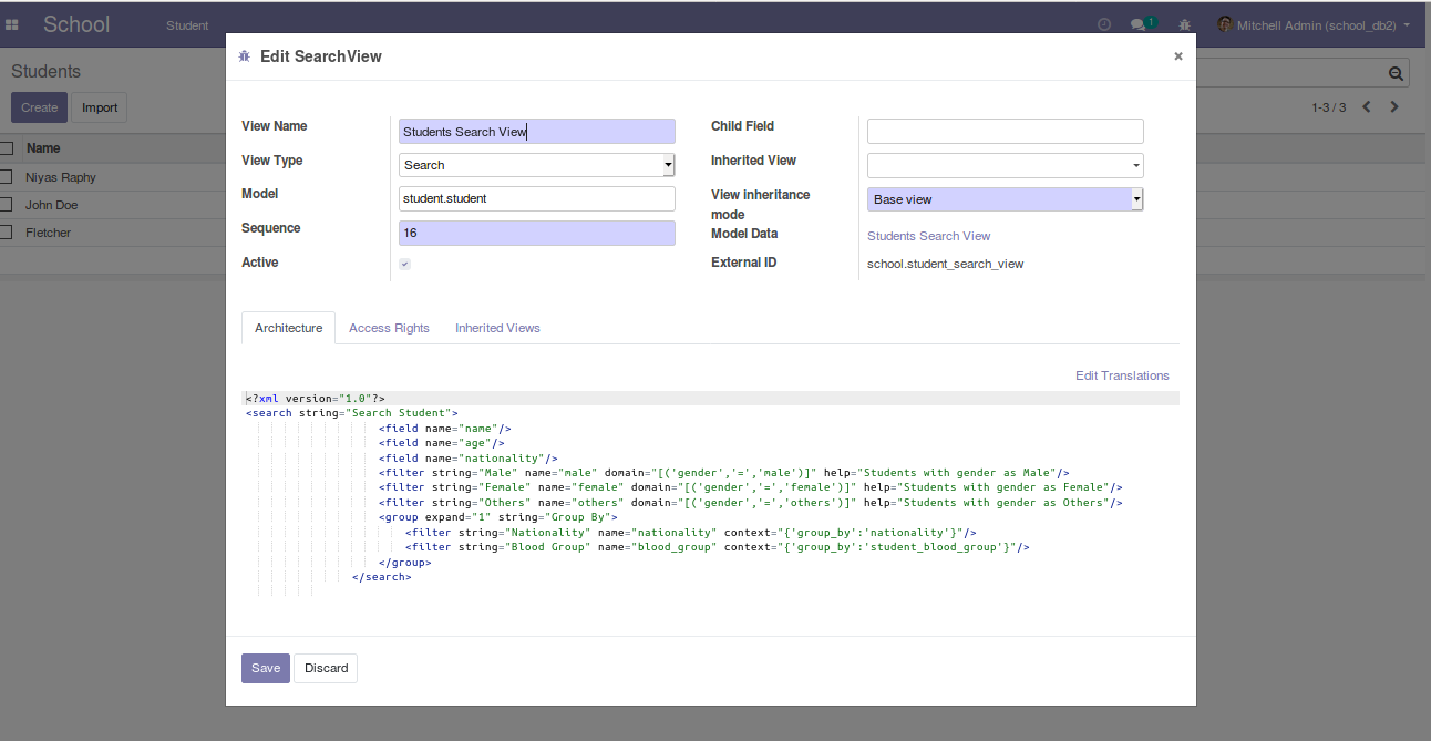 building module in odoo v12 defining search view and filters