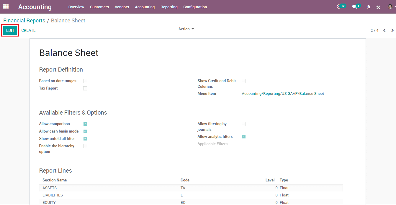 financial report configuration in odoo