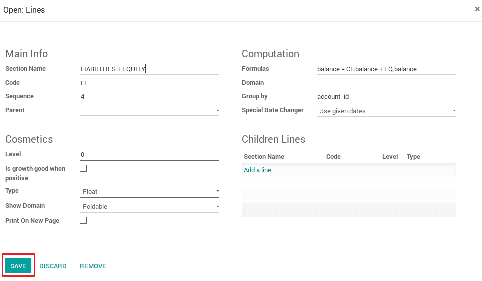 financial report configuration in odoo