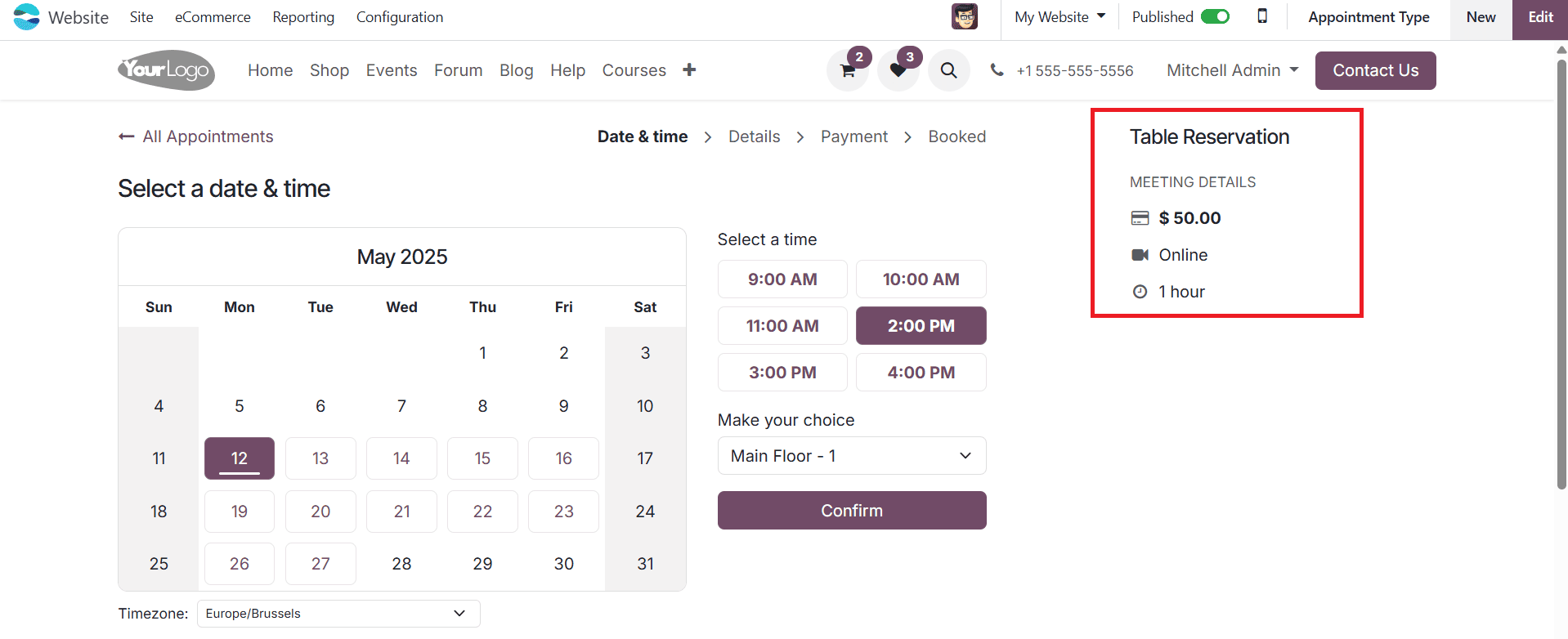 How a Restaurant Table can be booked with Odoo 18 Appointment-cybrosys