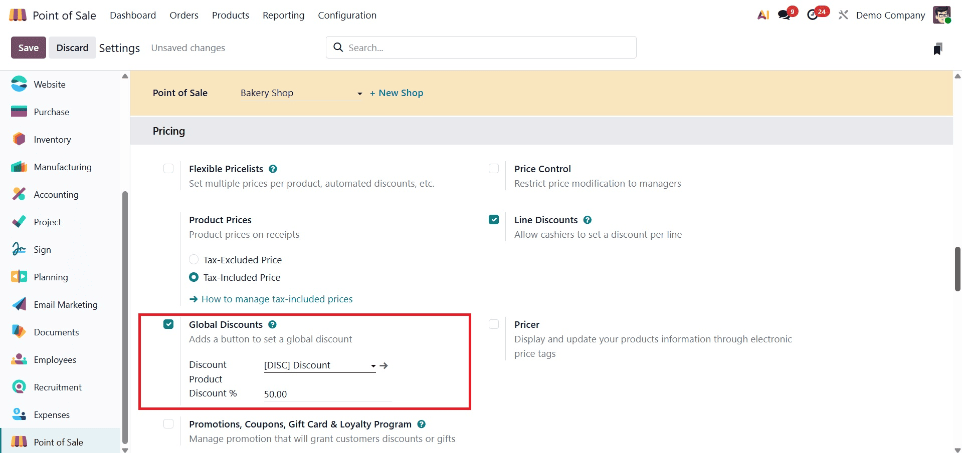 How to Apply Line and Global Discounts in Odoo 19 POS-cybrosys