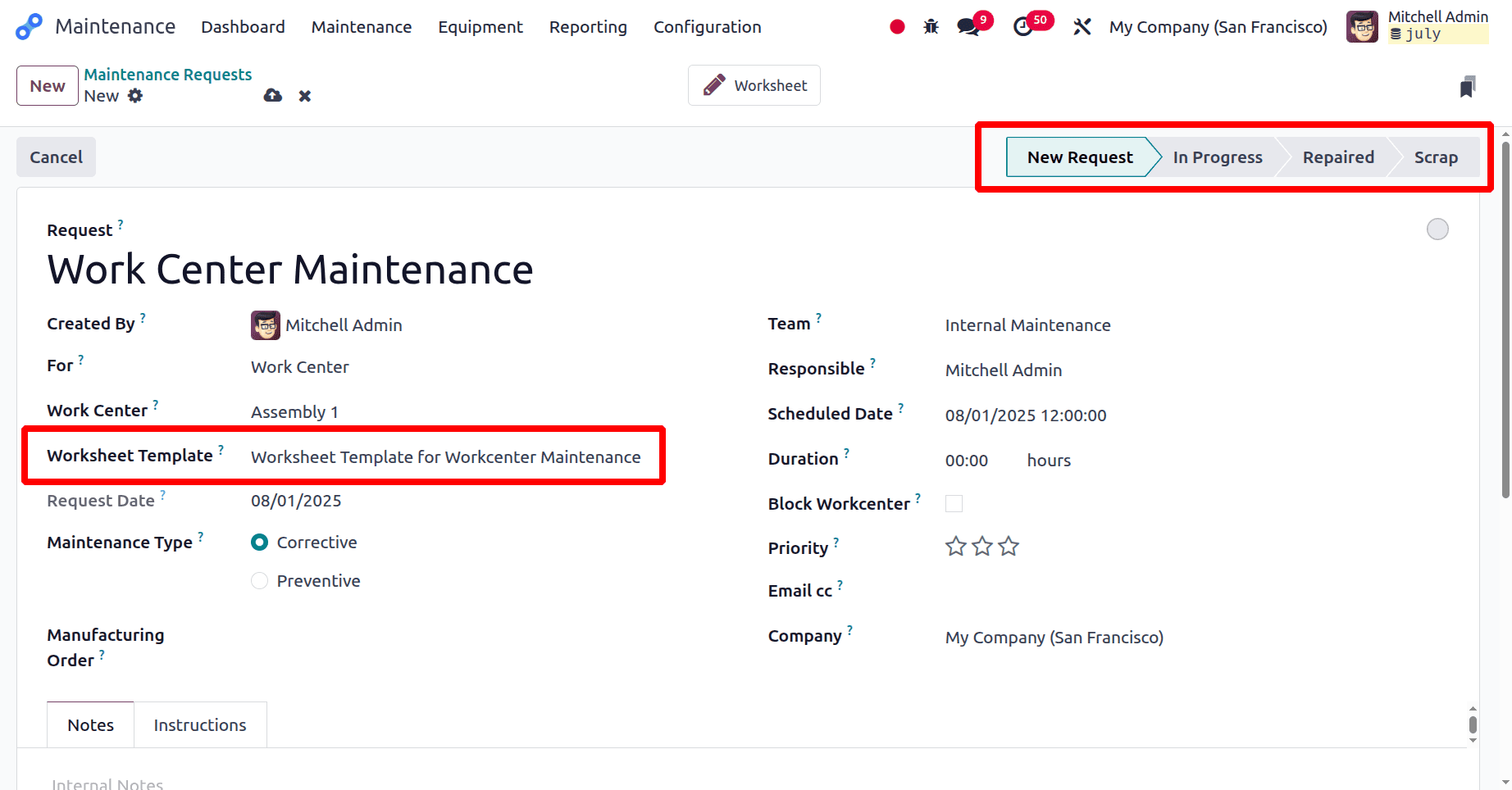 How to Configure a Custom Worksheet Template for Odoo 18 Maintenance-cybrosys