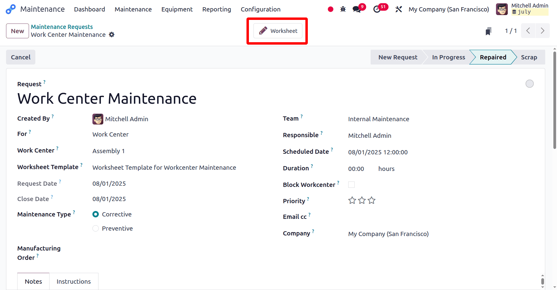 How to Configure a Custom Worksheet Template for Odoo 18 Maintenance-cybrosys