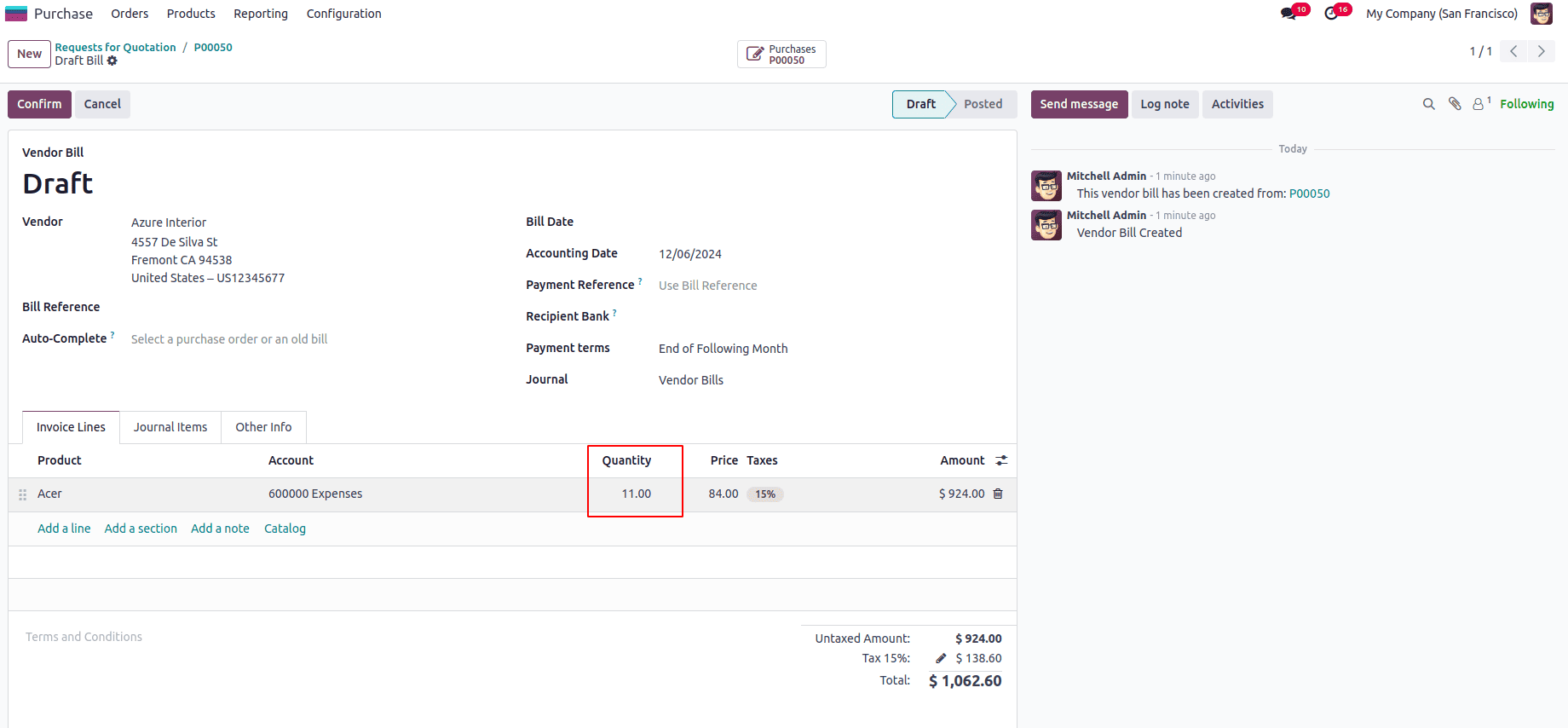 How to Configure Bill Control Policy in Odoo 18 Purchase-cybrosys