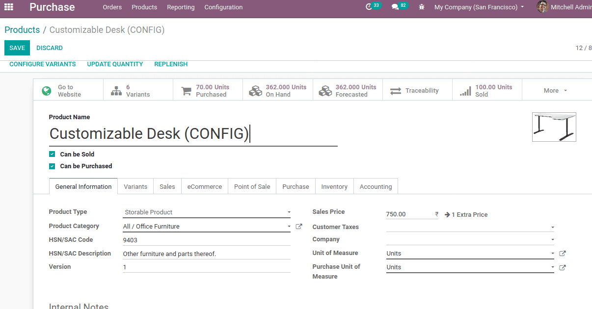 configure products in odoo 14