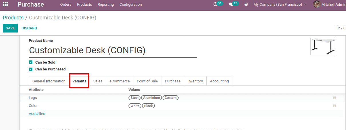 configure products in odoo 14