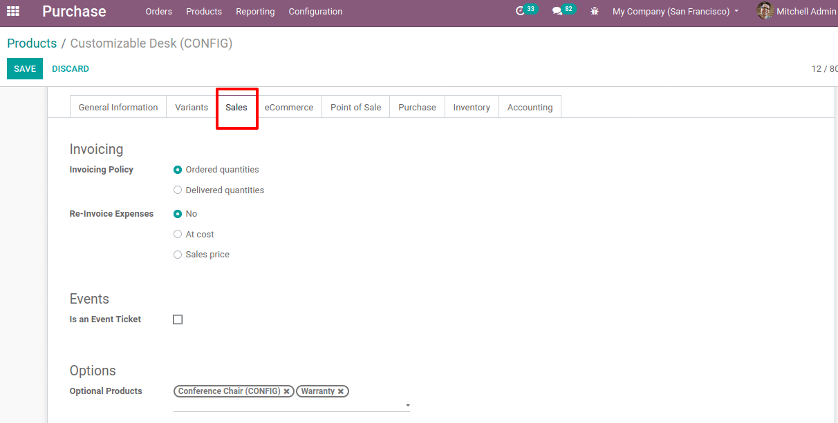 configure products in odoo 14