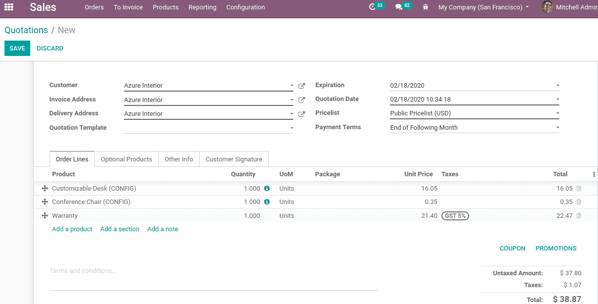 configure products in odoo 14