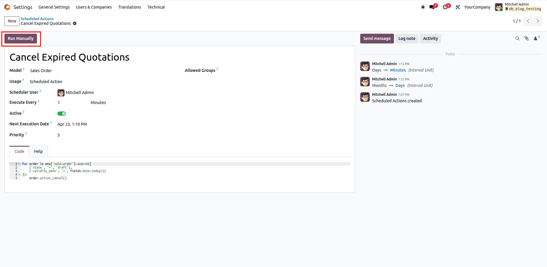 How to Configure Scheduled Actions and Server Actions Through the GUI in Odoo 19-cybrosys