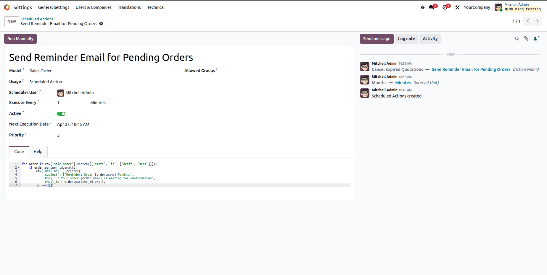 How to Configure Scheduled Actions and Server Actions Through the GUI in Odoo 19-cybrosys