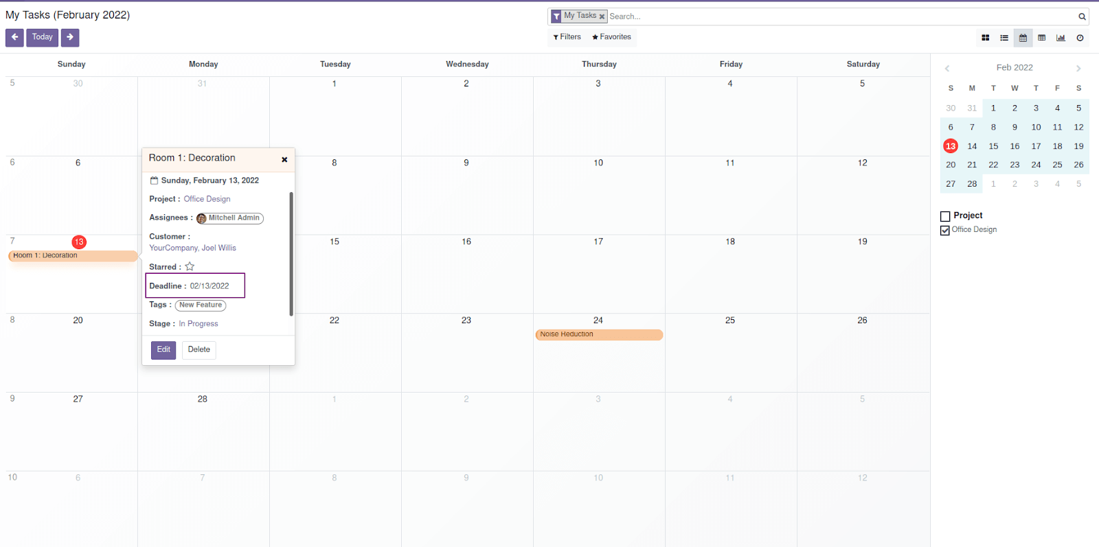 Tampilan <em>calendar view</em> Odoo