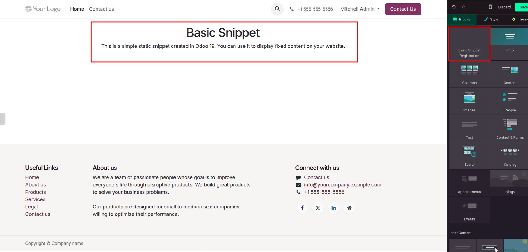 How to Create a Snippet in Odoo 19-cybrosys