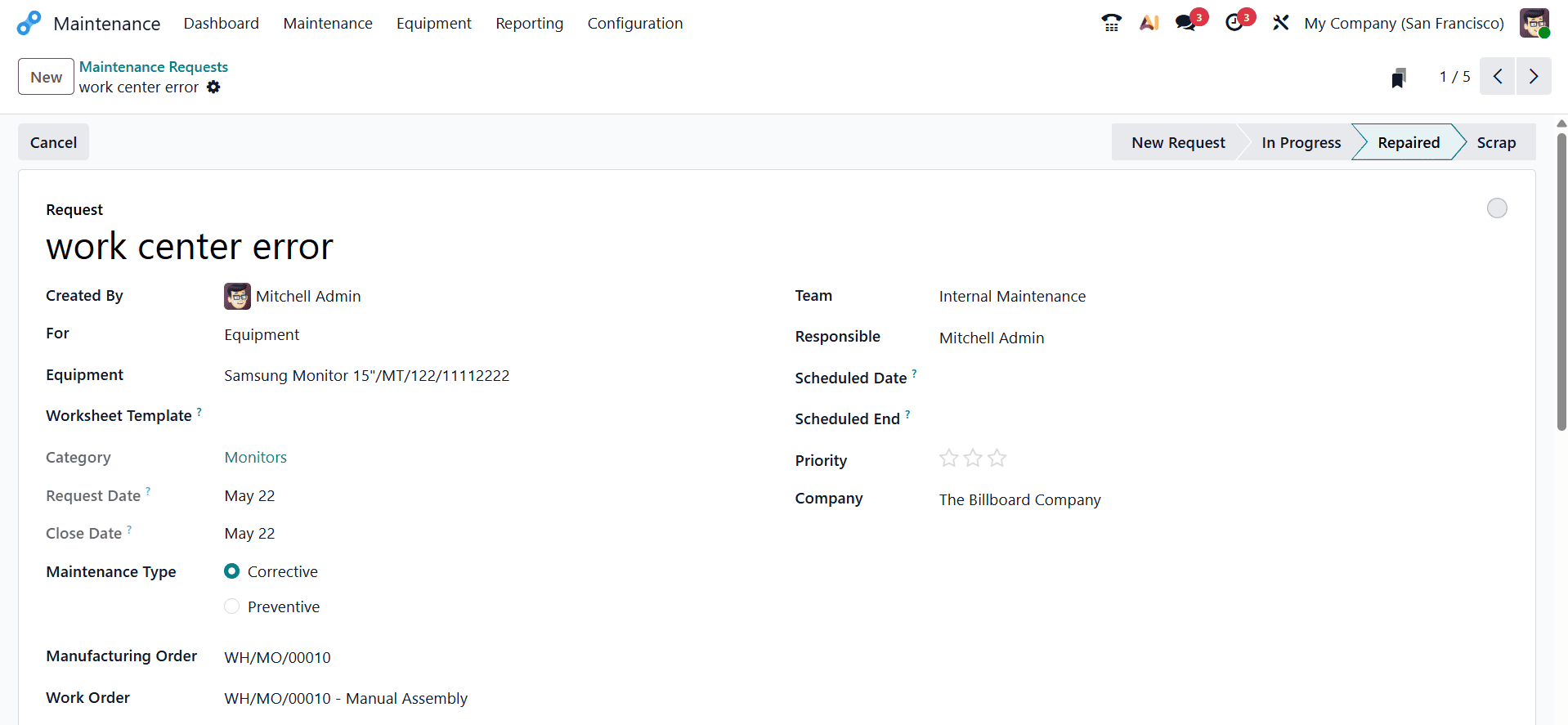 How to Create and Manage Maintenance Requests in Odoo 19 Maintenance-cybrosys