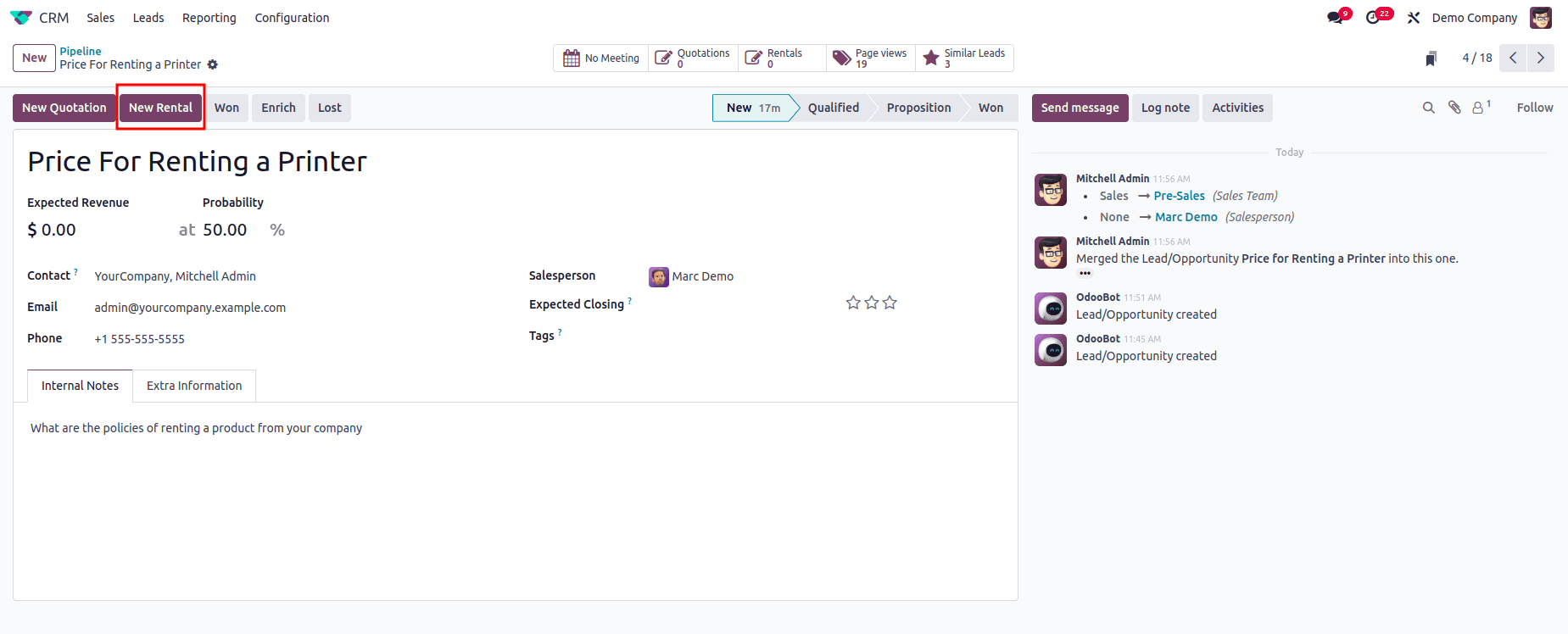 How to Create & Manage Rental Requests from a Lead in Odoo 18-cybrosys