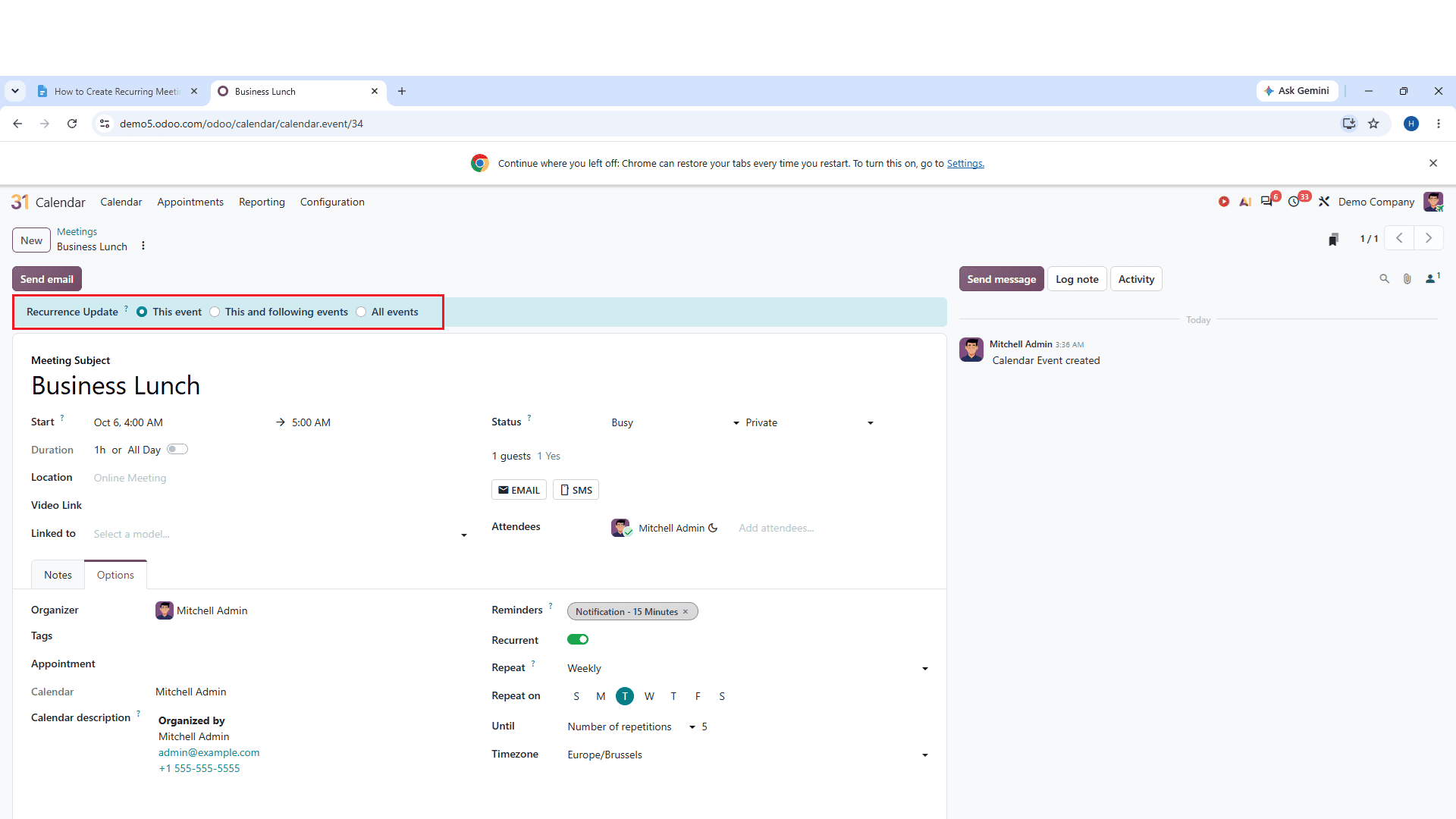 How to Create Recurring Meetings and Edit Series in Odoo 20 Calendar-cybrosys