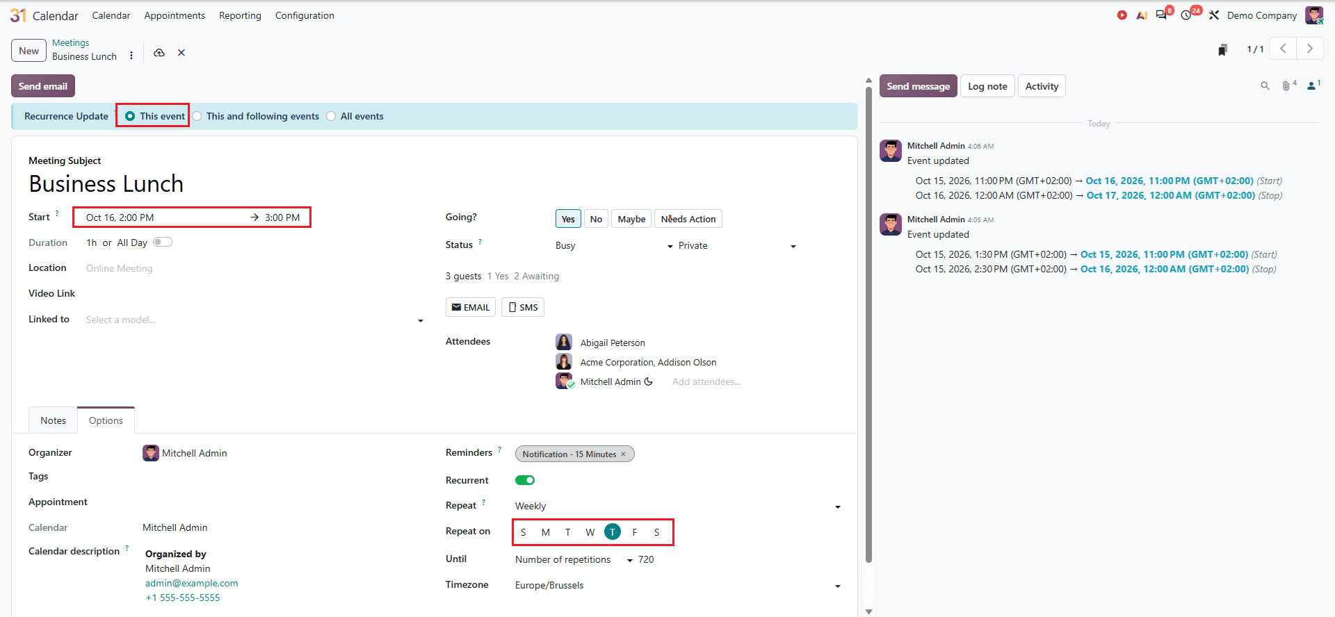 How to Create Recurring Meetings and Edit Series in Odoo 20 Calendar-cybrosys