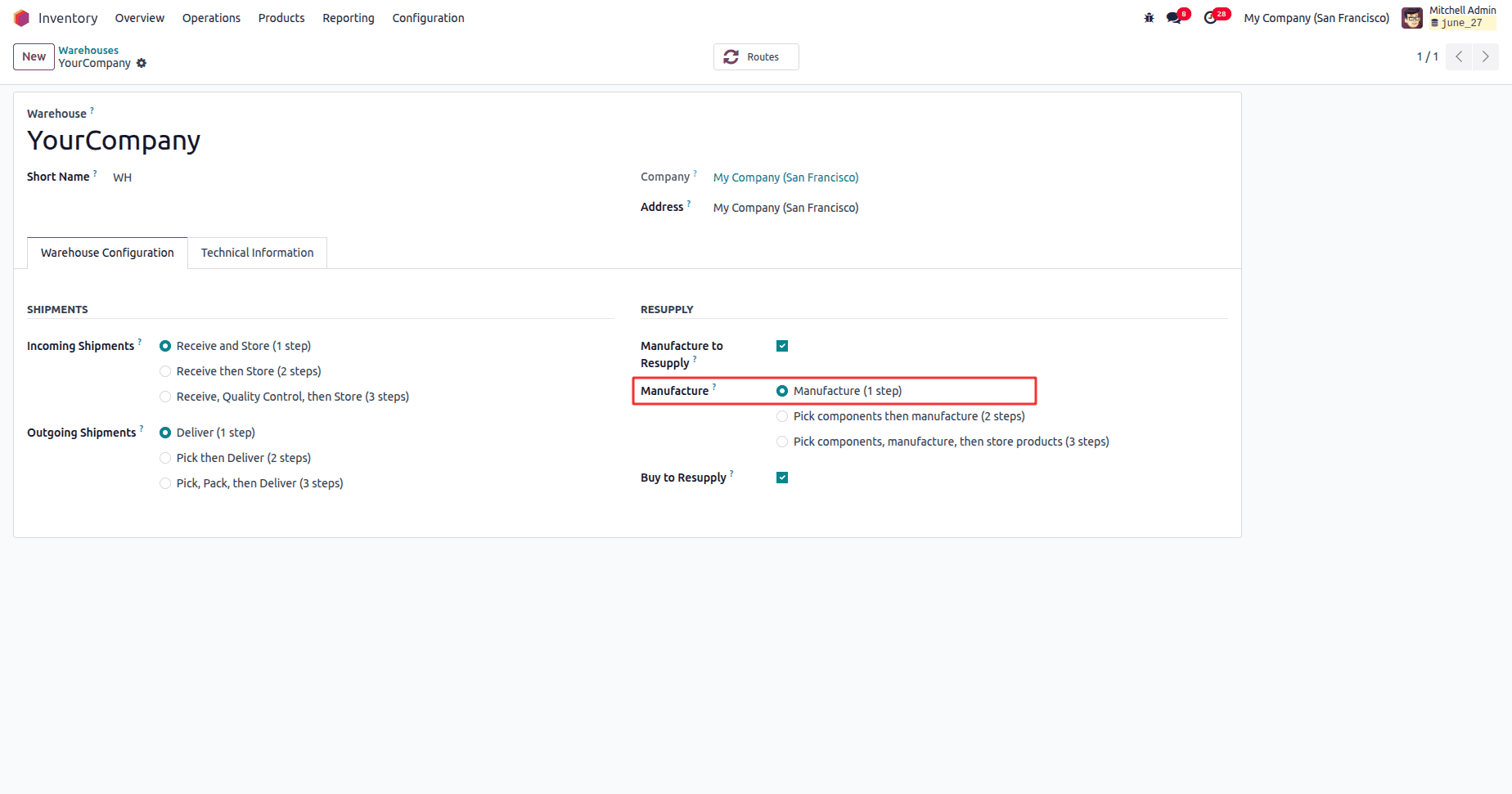 How to Handle Manufacturing with One-Step Warehouse Configuration in Odoo 18-cybrosys