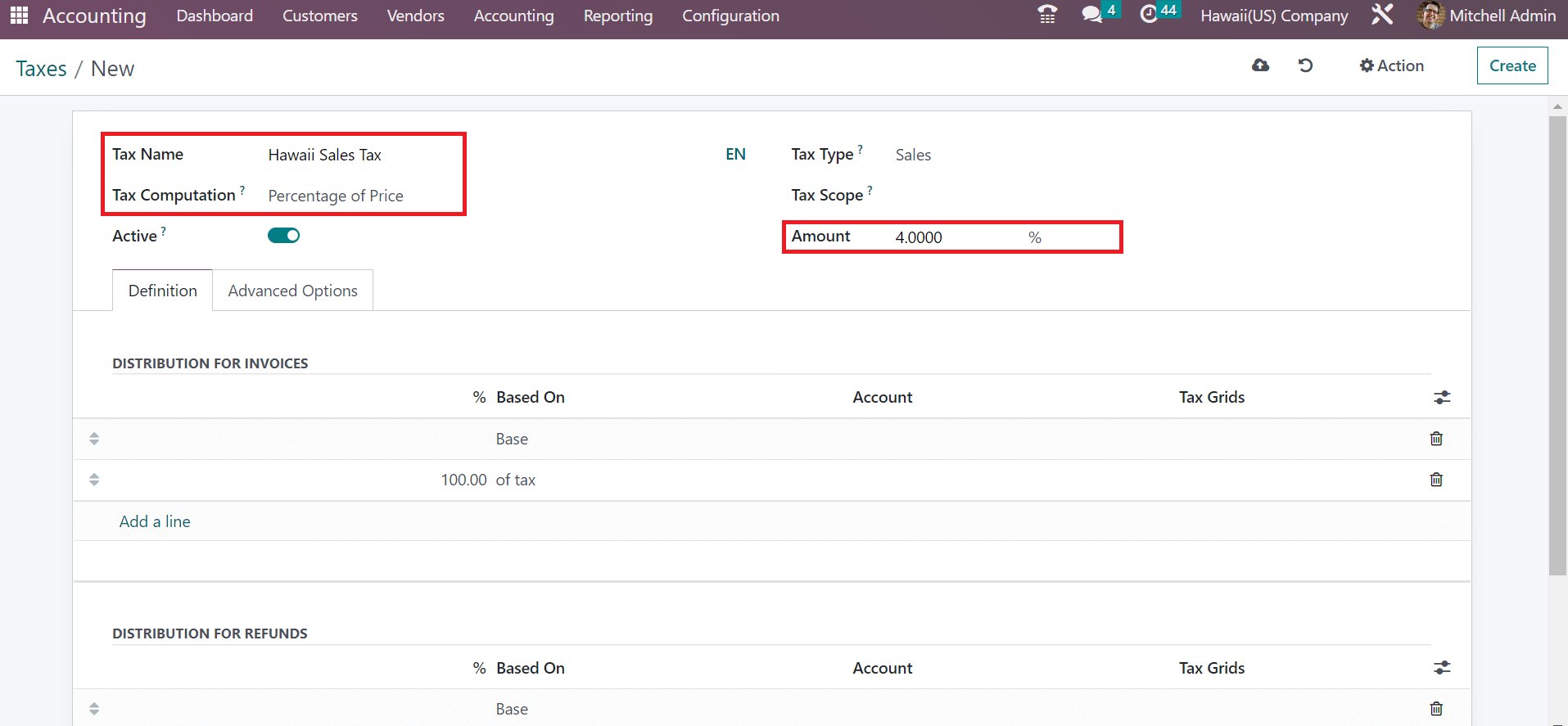 How to Manage Hawaii(US) Sales Tax in the Odoo 16 Accounting?