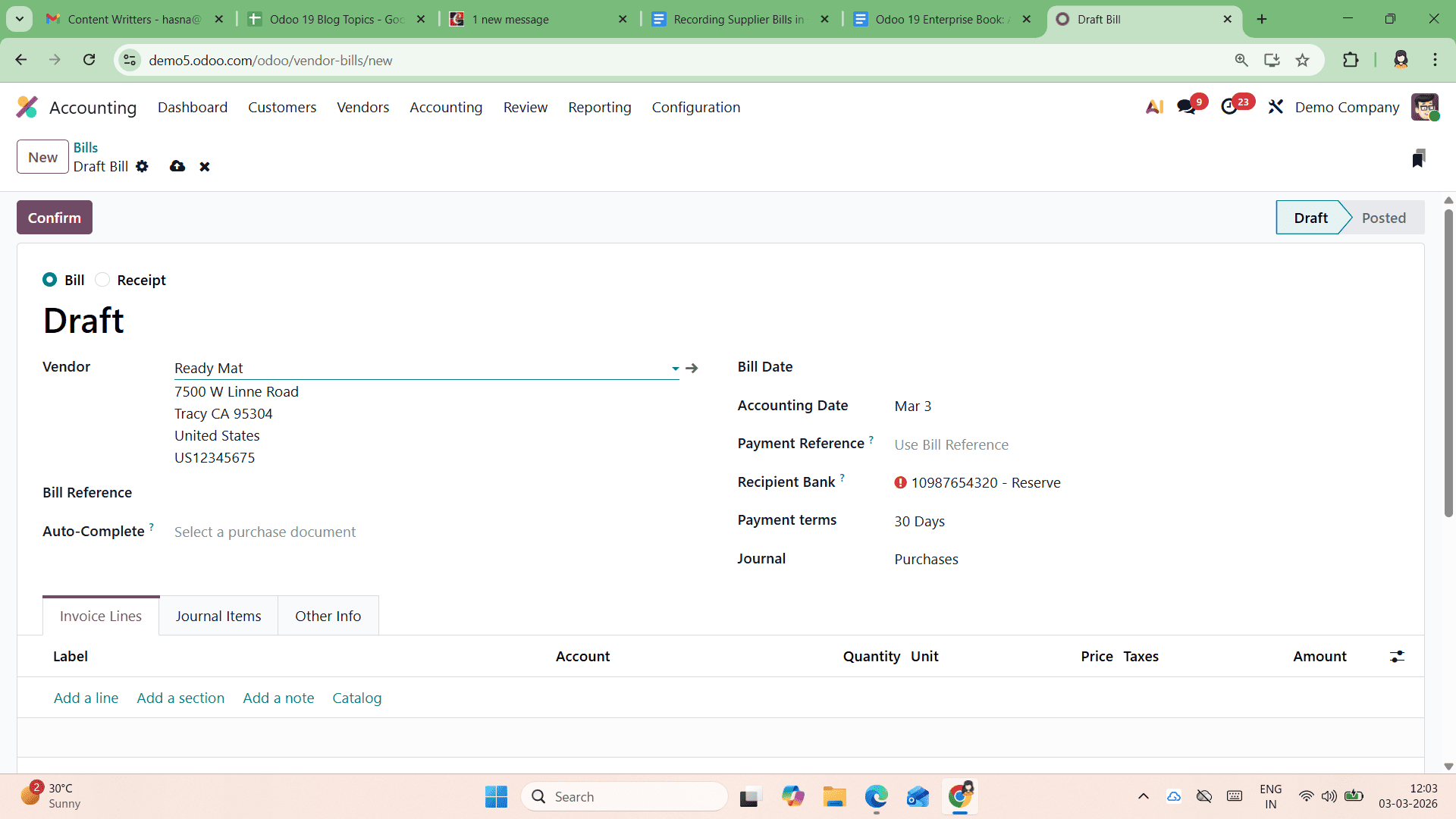 How to Record Supplier Bills in Odoo 19 Accounting-cybrosys