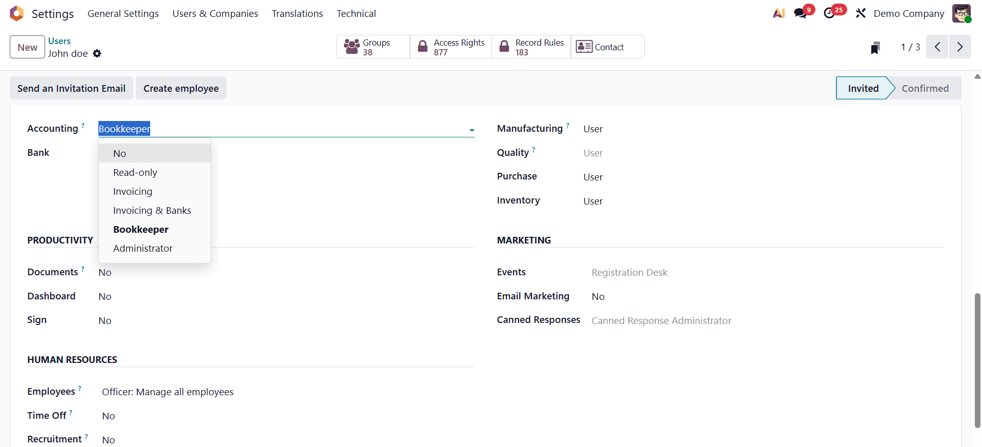 How to Set Up Accounting Access Rights for Roles in Odoo 19-cybrosys