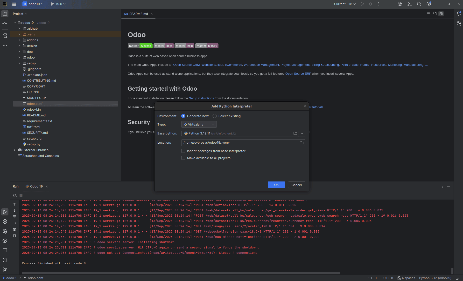 How to setup Odoo 19 development environment using pycharm in ubuntu-cybrosys