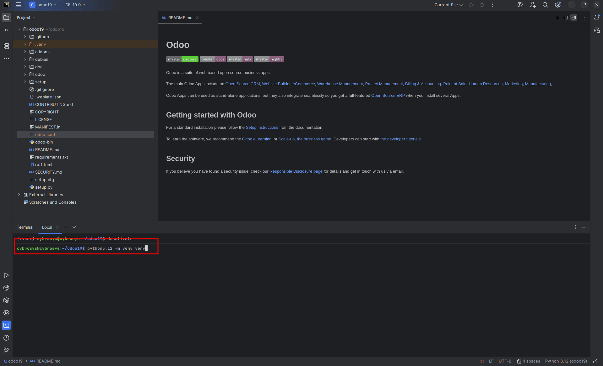 How to setup Odoo 19 development environment using pycharm in ubuntu-cybrosys