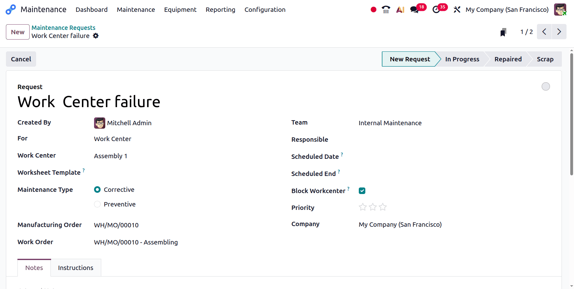 How to Submit Maintenance Requests for Failed Production Equipment in Odoo 19-cybrosys