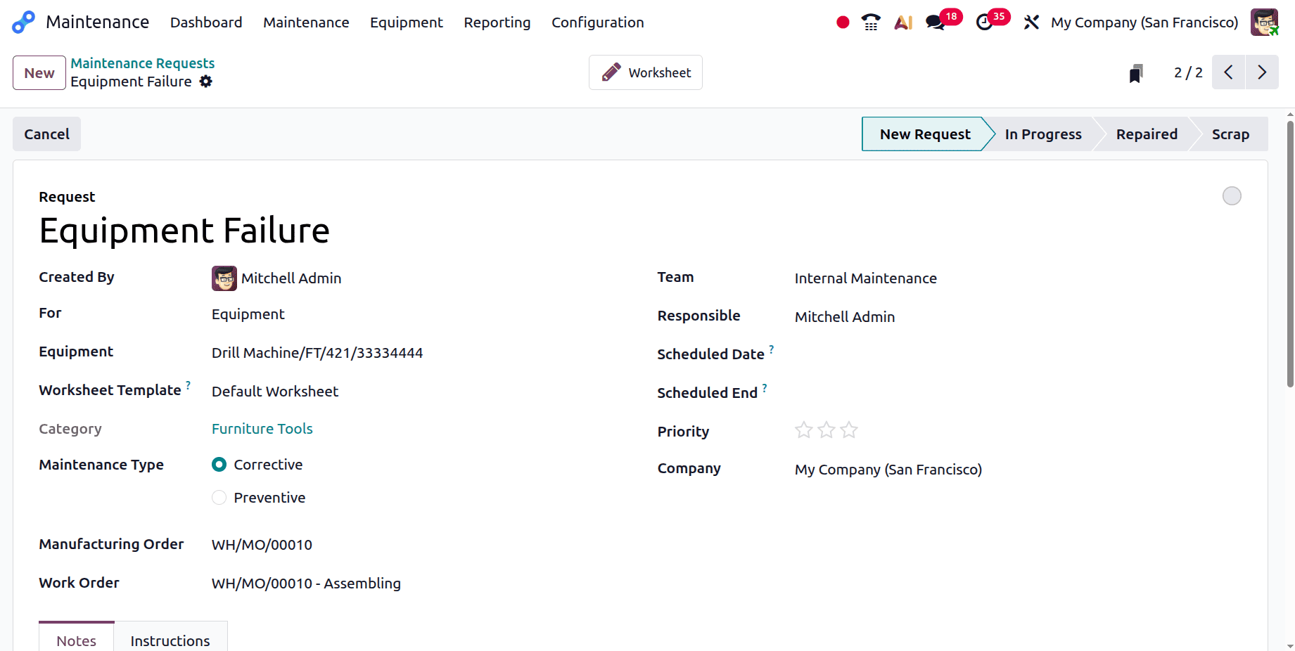 How to Submit Maintenance Requests for Failed Production Equipment in Odoo 19-cybrosys