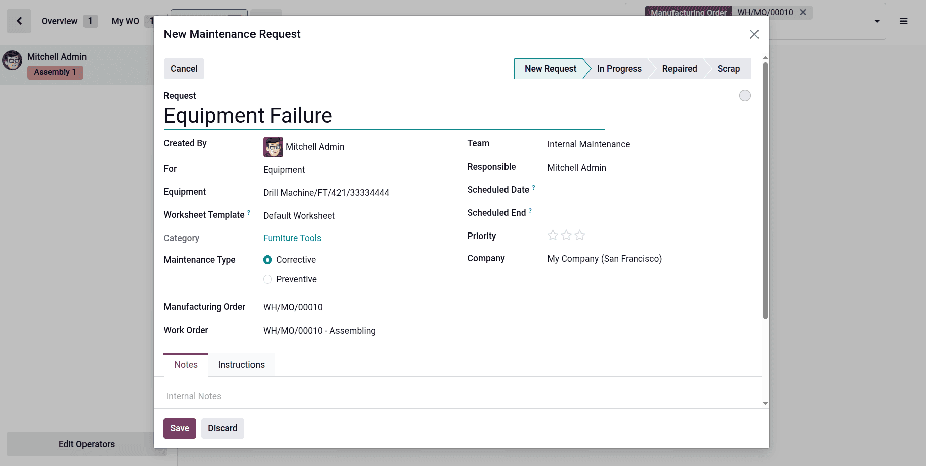 How to Submit Maintenance Requests for Failed Production Equipment in Odoo 19-cybrosys